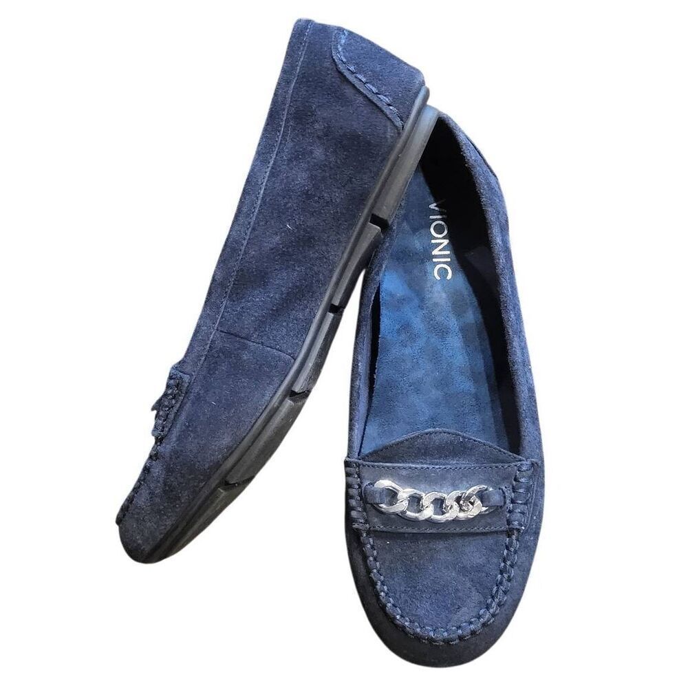 Vionic Flats Women's 8 Navy Blue Suede Leather Chain Driving Moccasin Loafer